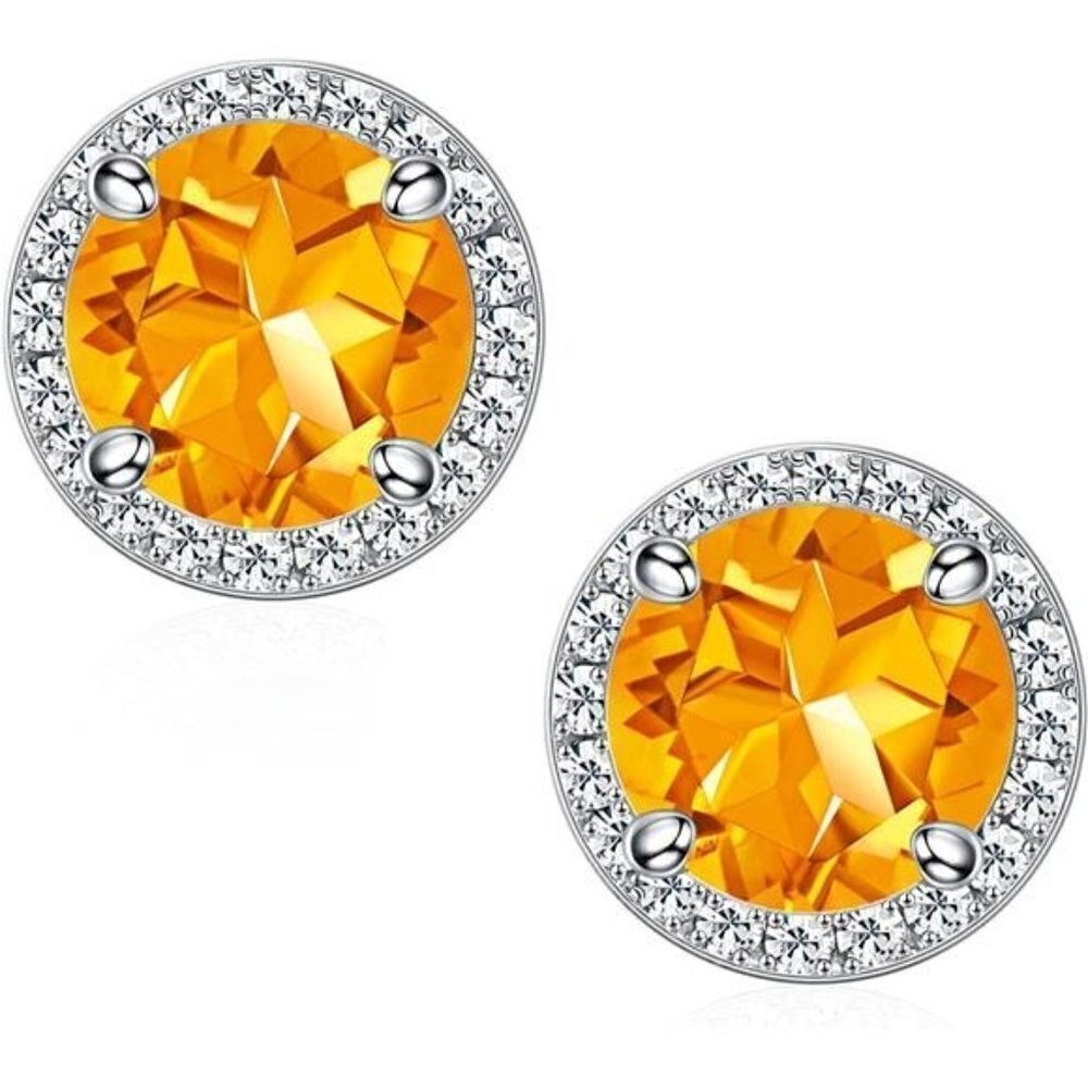 November 18k White Gold Citrine Birthstone Diamond Halo Stud Earrings S925 Gem